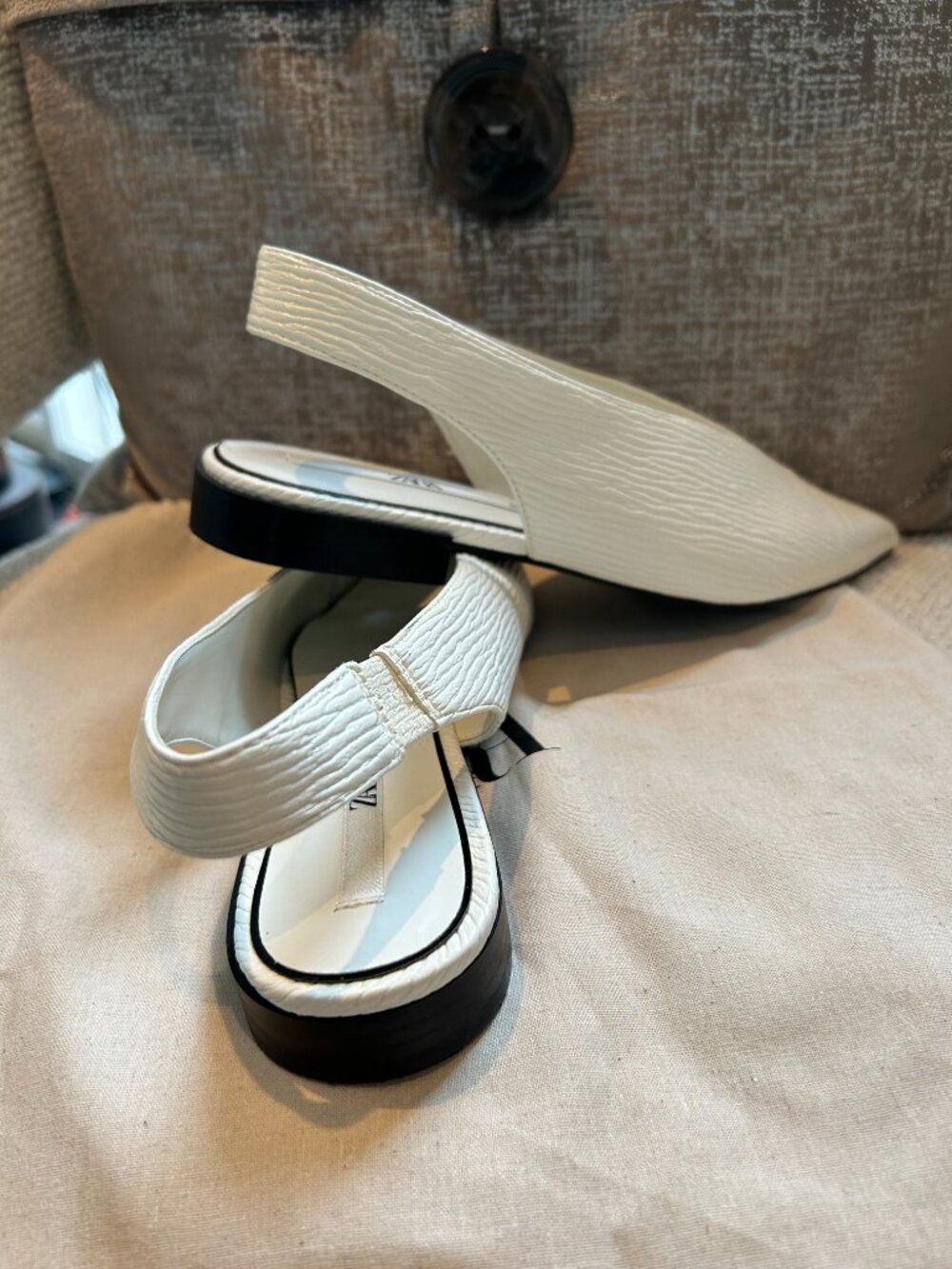 Zara White Textured Slingback Pointed Toe Flats EU 37